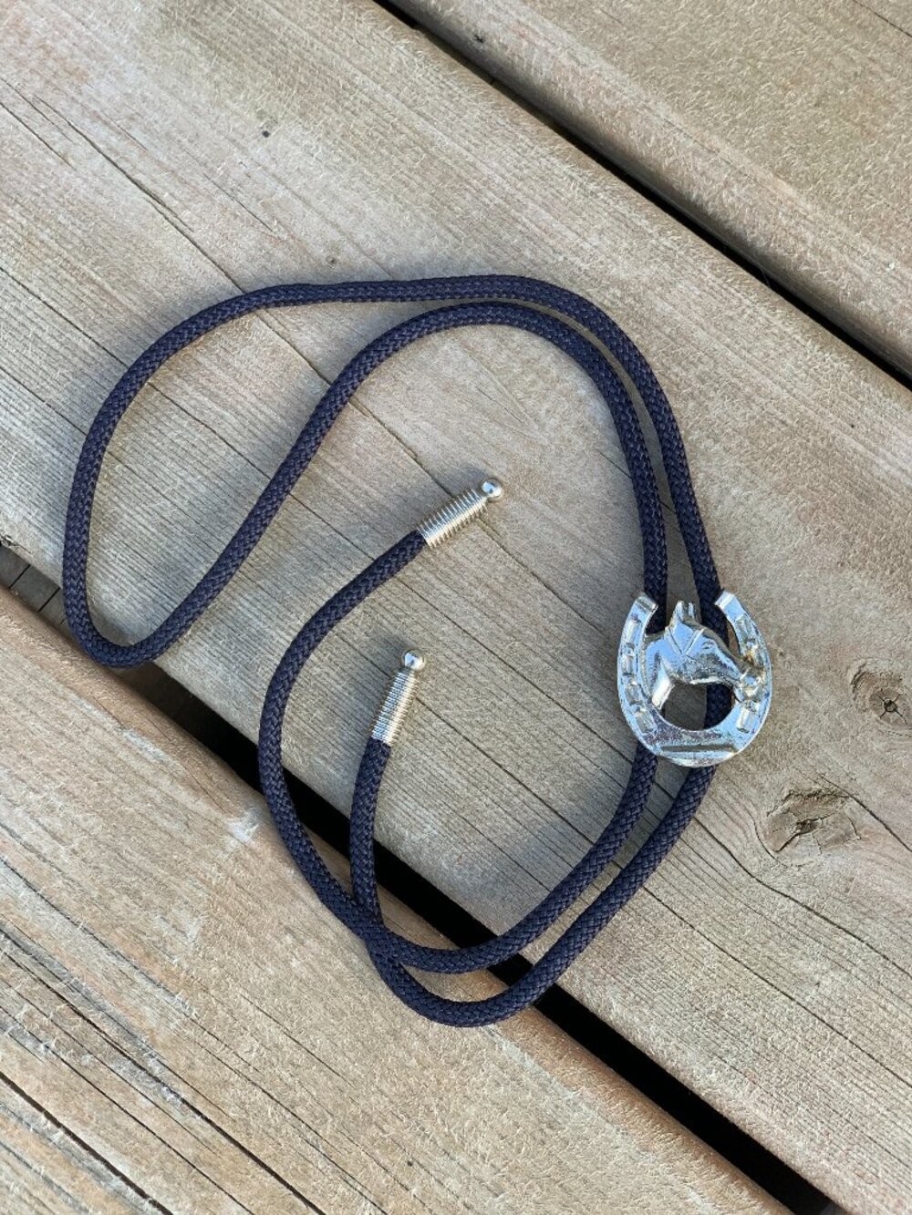 Vintage Western Bolo Tie Black Silver Horse Head Horseshoe Boho Southwestern